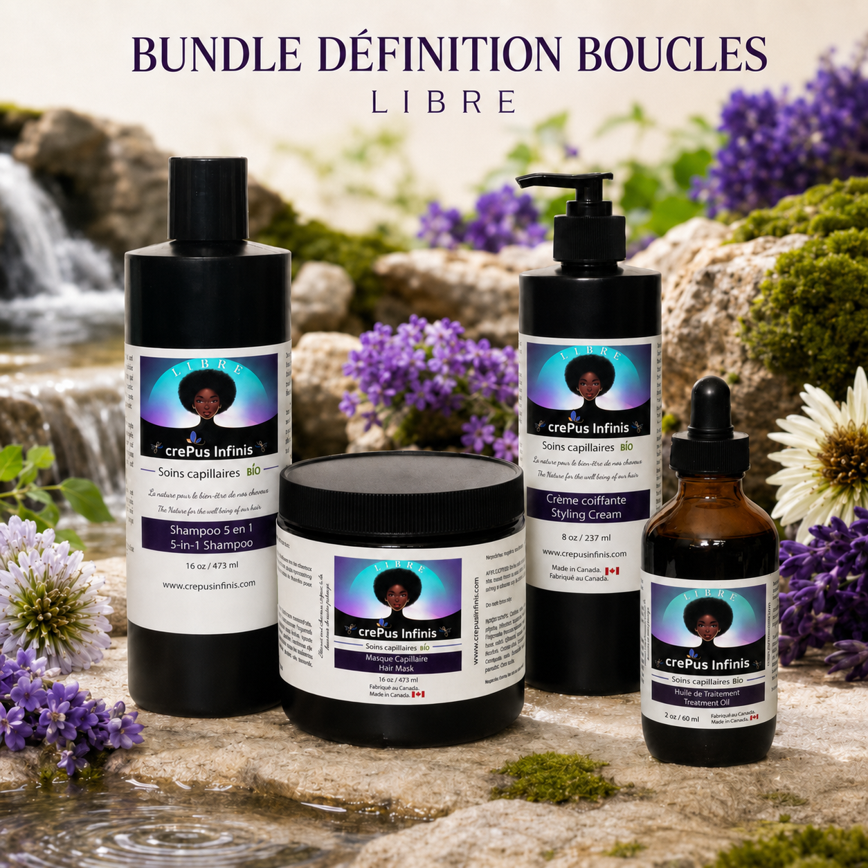 Bundle LIBRE Définition Boucles crePus Infinis — Shampoo + Masque + Crème Coiffante + Huile bio cheveux crépus