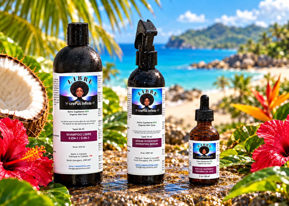Shampoo, sérum hydratant et huile de traitement LIBRE crePus Infinis devant une plage tropicale, avec noix de coco, mangue et fleurs d’hibiscus.