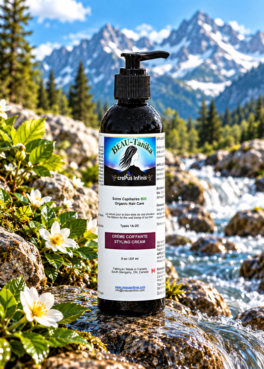 Flacon pompe de Crème Coiffante BEAU-Tanika crePus Infinis 237 ml, près d’un ruisseau fleuri devant des montagnes enneigées.