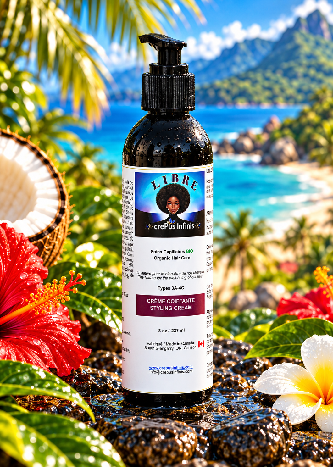 Flacon pompe de Crème LIBRE Coiffante crePus Infinis 237 ml, dans un décor tropical avec fleurs et noix de coco.