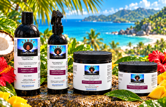 Shampoo, sérum hydratant, masque et pommade LIBRE crePus Infinis devant une plage tropicale, entourés de noix de coco, mangue et hibiscus.