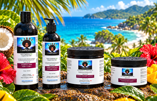 Shampoo, crème coiffante, masque et pommade LIBRE crePus Infinis devant une plage tropicale, entourés de noix de coco, mangue et fleurs d’hibiscus.