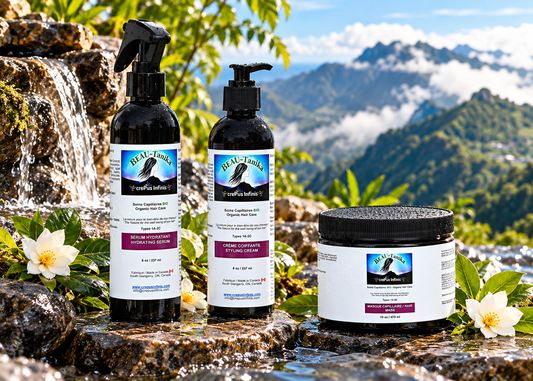 Trio Souplesse BEAU-Tanika crePus Infinis : sérum hydratant, crème coiffante et masque capillaire, dans un décor montagneux avec cascade et fleurs.