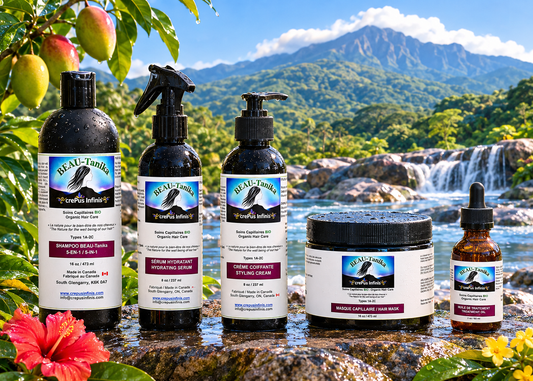 Les cinq soins de la gamme Prestige BEAU-Tanika : shampoo, sérum, crème coiffante, masque et huile, devant une cascade tropicale avec mangues et fleurs.