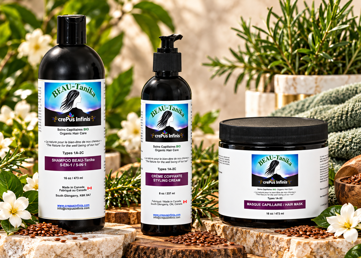 Trio Éclat BEAU-Tanika crePus Infinis : shampoo 473 ml, crème coiffante 237 ml et masque 473 ml dans un décor végétal fleuri.