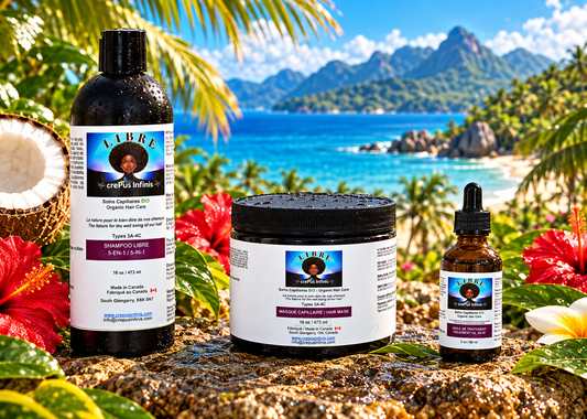 Trio LIBRE crePus Infinis : shampoo, masque capillaire et huile de traitement devant une plage tropicale, avec noix de coco et fleurs d’hibiscus.