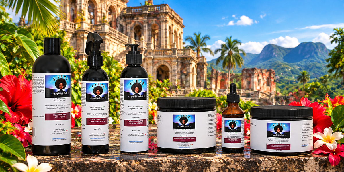 Les six soins LIBRE crePus Infinis : shampoo, sérum, crème, masque, huile et pommade, devant des ruines dans un paysage tropical.