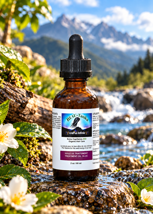 Flacon compte-gouttes d’Huile BEAU-Tanika crePus Infinis 60 ml, près d’un ruisseau dans un paysage montagneux fleuri.