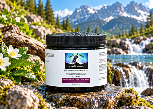 Pot de Masque Capillaire BEAU-Tanika crePus Infinis 473 ml, près d’un ruisseau fleuri devant des montagnes enneigées.