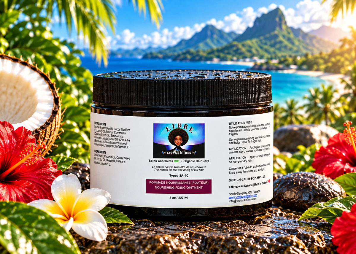 Pot de Pommade LIBRE Nourrissante crePus Infinis 8 oz, dans un décor tropical avec fleurs, noix de coco et mer turquoise.