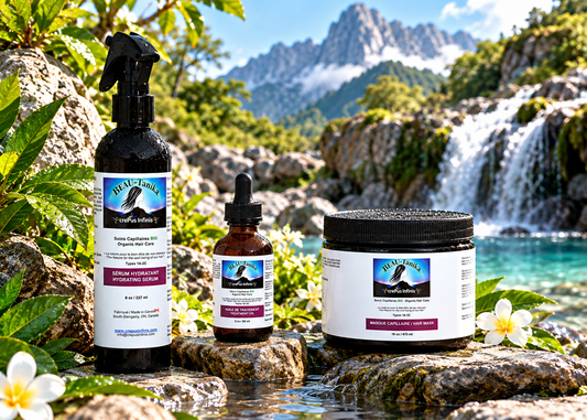 Trio Nutrition Intense BEAU-Tanika crePus Infinis : masque 473 ml, sérum 237 ml et huile 60 ml, près d’une cascade en montagne.