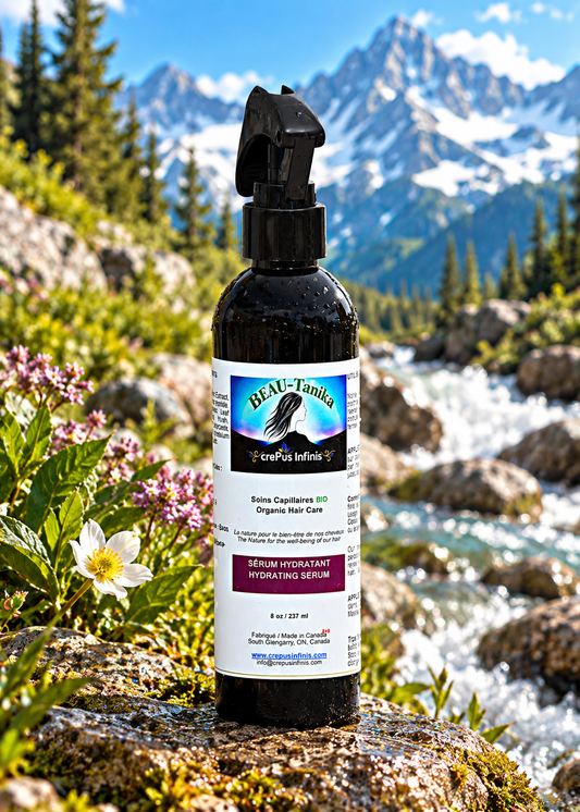 Flacon vaporisateur de Sérum Hydratant BEAU-Tanika crePus Infinis 237 ml, près d’un ruisseau avec fleurs et montagnes enneigées.