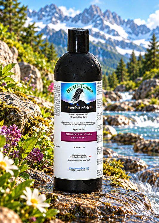 Flacon de Shampoo BEAU-Tanika 5-en-1 crePus Infinis 473 ml, près d’un ruisseau fleuri devant des montagnes enneigées.