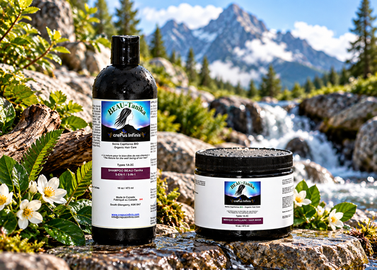Duo Révélateur BEAU-Tanika crePus Infinis : shampoo 473 ml et masque capillaire 473 ml, près d’un ruisseau fleuri devant des montagnes enneigées.